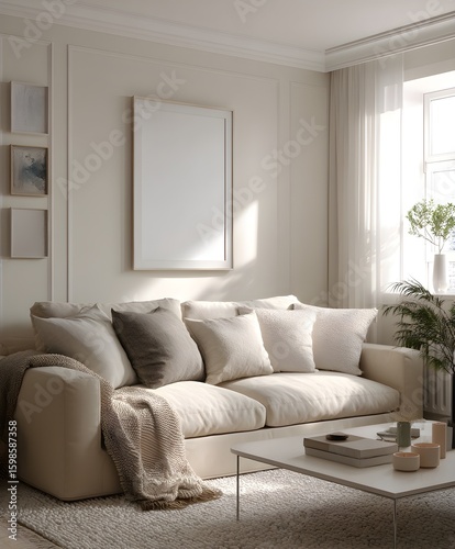 Minimalist Beige Living Room with Cozy Sofa and Natural Light