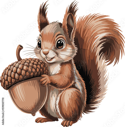 Adorable cartoon squirrel holding a large acorn against a clean white background
