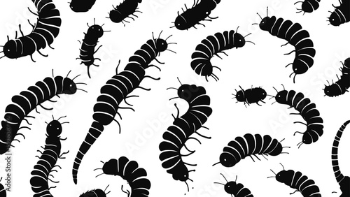 A collection of stylized black caterpillars with segmented bodies and antennae, rendered with a subtle glossy texture against a transparent background, suggesting a whimsical or mysterious theme.