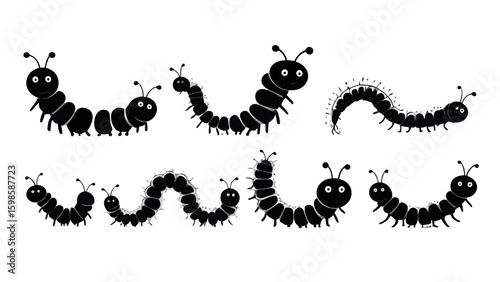 Collection of cute cartoon caterpillars with happy faces and segmented bodies, presented in various playful poses on a transparent background, perfect for children's content.