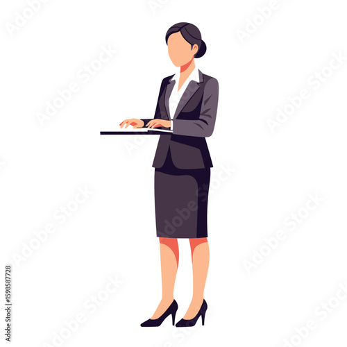 An illustrated businesswoman standing, holding a tablet device, dressed in professional attire.