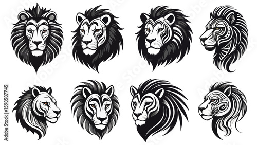 Collection of stylized lion head portraits featuring bold black and white linework and piercing eyes, showcasing regal animalistic artistry.