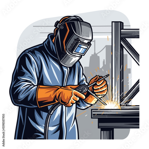 A skilled welder concentrates on joining metal pieces with a welding torch in a factory setting.