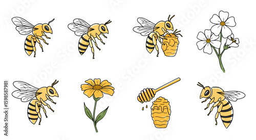 Charming collection of bees interacting with flowers and a beehive, showcasing pollination and honey production with a hand-drawn style.