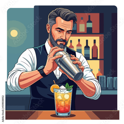 Bartender with a beard expertly shaking a cocktail in a metal shaker, a colorful drink with fruit garnish sits on the bar.
