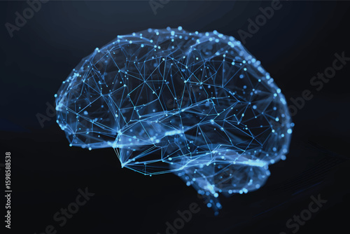 A digital brain composed of blue dots and lines, set against a dark background