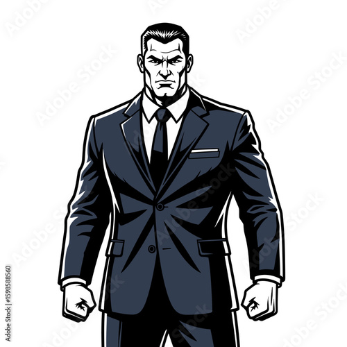 Powerful businessman in a dark suit, serious expression, strong posture.