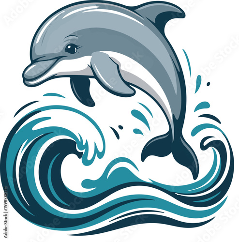 Playful cartoon illustration of a dolphin jumping out of a blue ocean wave