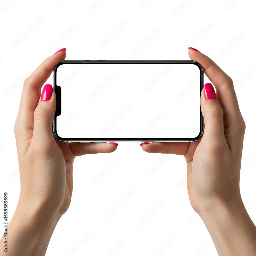 Fototapeta premium Female hands with pink nails holding a smartphone horizontally with blank screen. Isolated on transparent background, png
