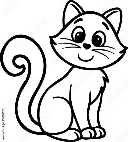 Cute cat outline, happy feline sitting with curled tail and smiling face, simple black line drawing with playful expression