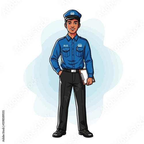 A smiling bus driver in uniform stands holding a clipboard, ready for duty.