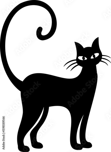 Black cat silhouette with curled tail and alert eyes standing on transparency background, mysterious and elegant animal figure