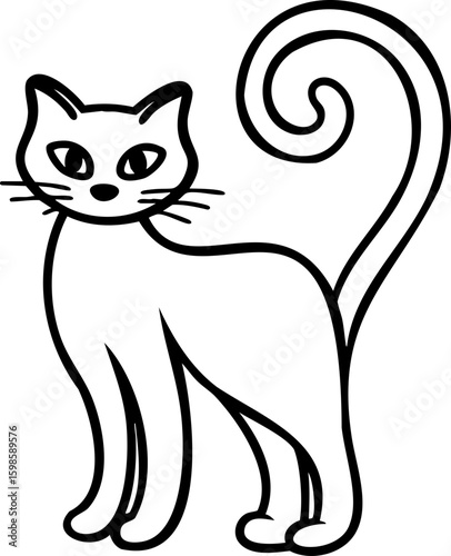 Black cat with curled tail and whiskers standing in simple line art style