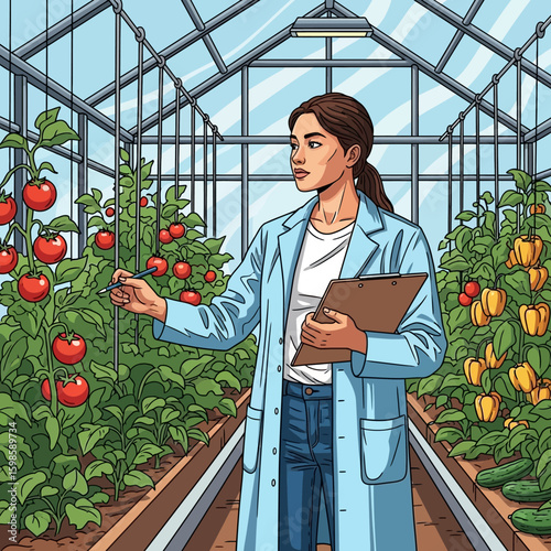 A female scientist examines tomato plants in a greenhouse, assessing the produce.