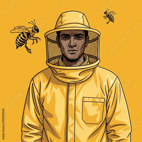 A man in a yellow beekeeper suit, facing forward, with bees in flight, against a bright yellow background.