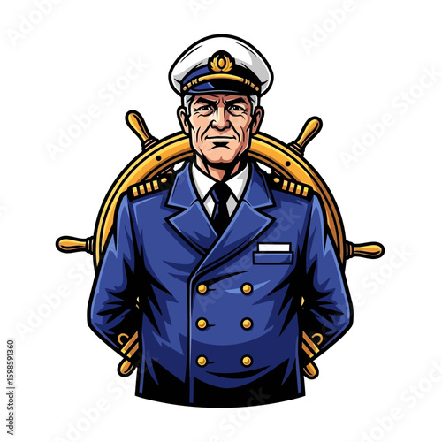 Stern captain in navy uniform stands confidently behind ship's wheel.