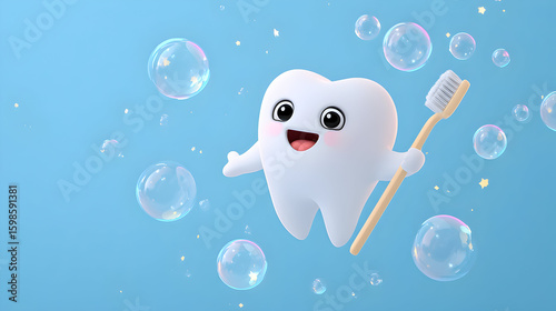 Cheerful cartoon tooth character holding a toothbrush surrounded by colorful bubbles in a bright blue background created for dental awareness