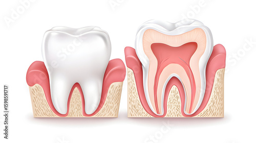 Diagram showing healthy tooth structure and cross-section of a tooth illustrating dental anatomy and composition