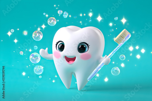 Charming cartoon tooth character holding a toothbrush and surrounded by sparkling bubbles in a bright turquoise background