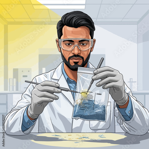 Focused scientist meticulously examines evidence within a plastic bag, using precision tools in a lab setting.