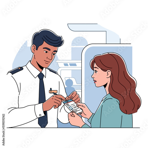 A security officer reviewing a passenger's documents at an airport check-in counter, ensuring safety.