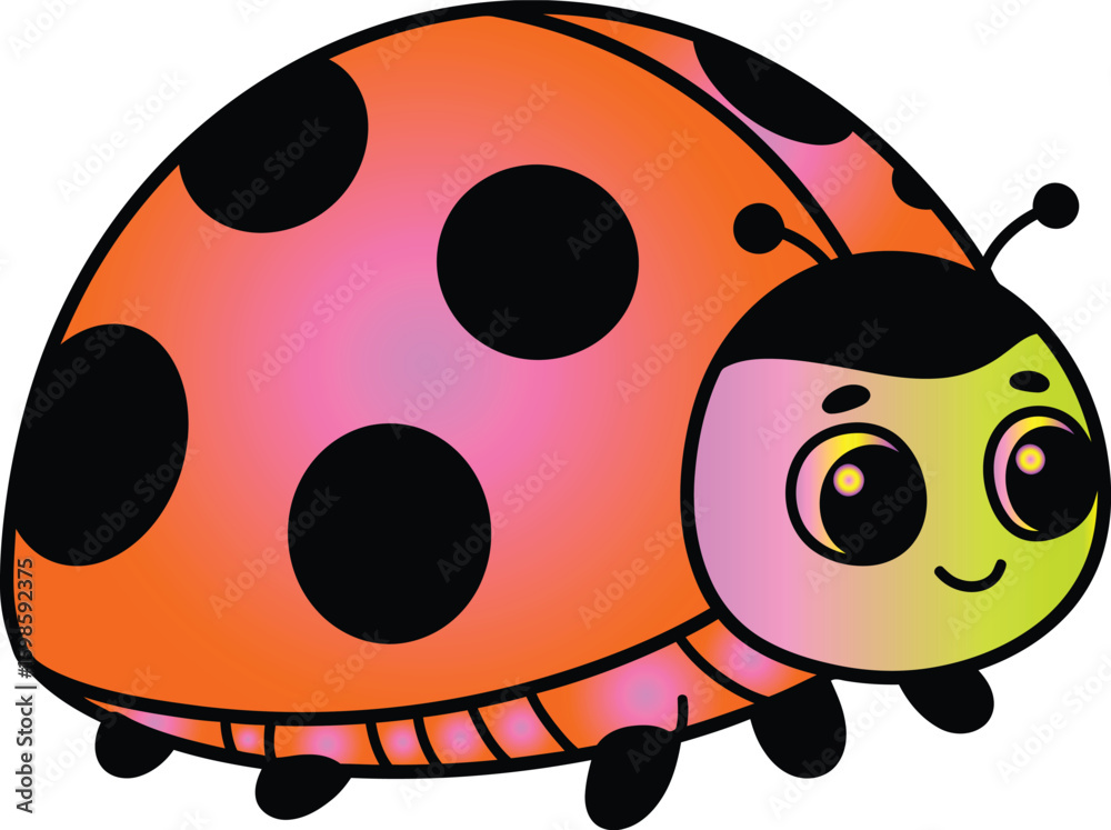 Fototapeta premium Cute cartoon ladybug vector illustration. Happy smiling ladybird character with big eyes. Colorful insect mascot for kids, isolated on a white background. 