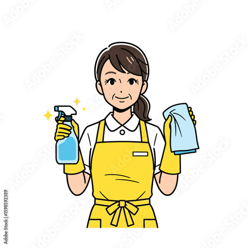 A woman in a yellow apron holds cleaning supplies, ready to clean.