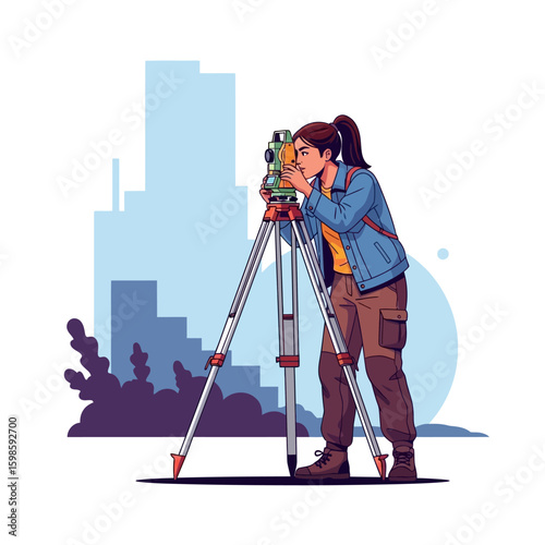 A female surveyor uses a theodolite on a tripod, taking measurements against a city skyline backdrop.