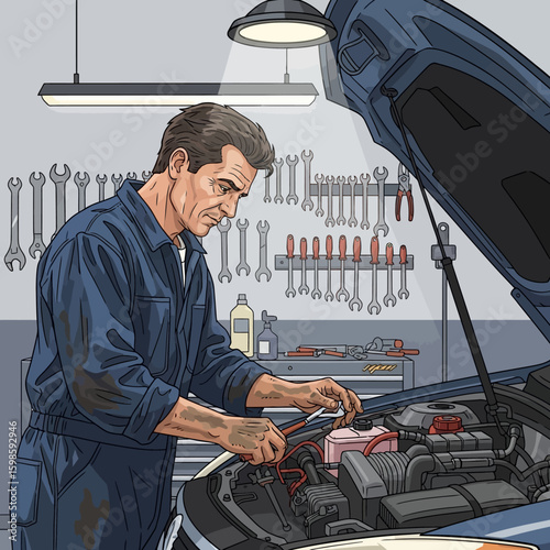 Mature man in work overalls inspects a car engine in a well-equipped garage.