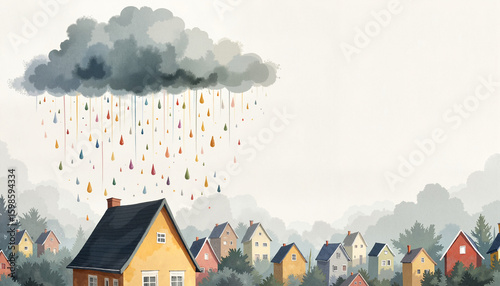 Colorful raindrops falling from gray cloud over colorful houses  