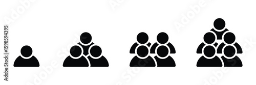 Team Growth: Simple Black Icons Showing Increasing Group Size, Business Expansion, Collaboration, Vector