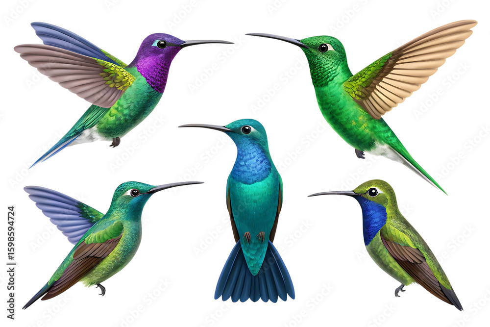Obraz premium Five colorful hummingbirds in flight isolated on a transparent background 1