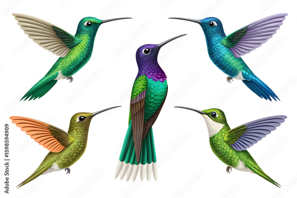 Obraz premium Five colorful hummingbirds in flight isolated on a transparent background