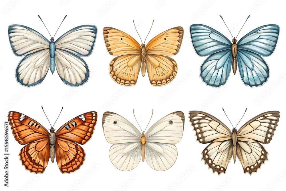 Obraz premium Six colorful butterflies arranged in two rows isolated on a transparent background