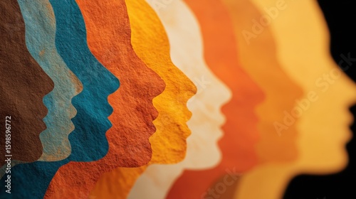 Multiple silhouettes in various colors align side by side, symbolizing diversity and unity. The artwork highlights different human profiles against a dark backdrop.