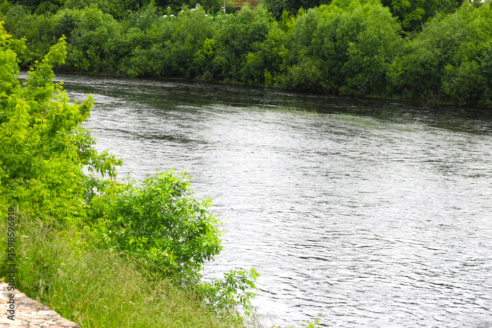 Fototapeta premium view of the Velikaya River in the city of Ostrov in the Pskov region