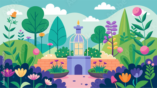 A fragrant garden filled with aromatic herbs and flowers designed to stimulate the senses and promote relaxation.. Vector illustration