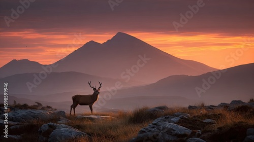 Majestic deer stands on a mountaintop at sunrise.