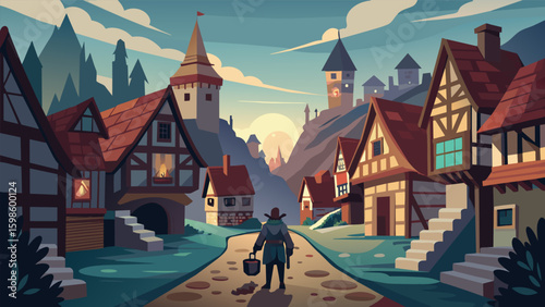 A curious wanderer wanders through a medieval village in a virtual world the cobblestone streets and intricate architecture transporting them to a. Vector illustration