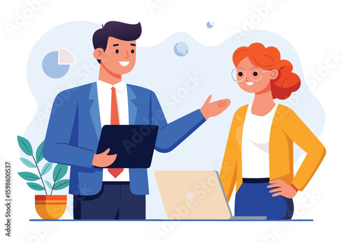 Two smiling business professionals a man and a woman are engaged in a discussion while looking at a tablet and laptop