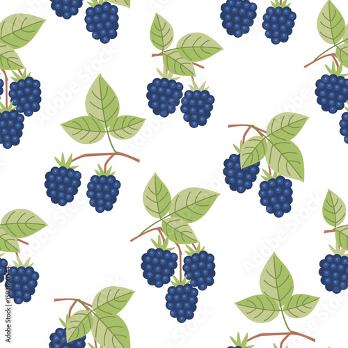 Blackberry branches seamless pattern. Floral background with berries and leaves. Blue, green and brown colors on white. Summer or autumn season. Print on fabric and paper. Vector design for textile.