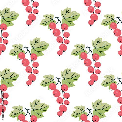 Red currant twig seamless pattern. Floral background with berries and leaves. Green and red colors on a white. Summer or autumn season. Flat style print on fabric and paper. Vector design for textile