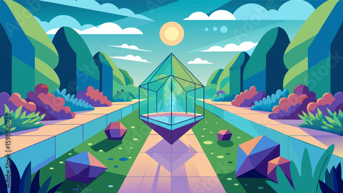 A garden of reflective surfaces and prisms that refract and distort images encouraging visitors to contemplate their own perception and write about. Vector illustration