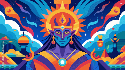 A largescale mural depicting the artists interpretation of their own creation myth filled with vibrant colors and abstract shapes.. Vector illustration