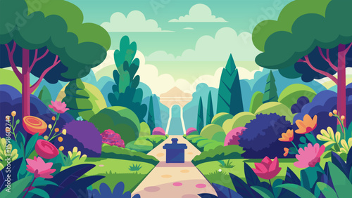 A lush and vibrant garden where each flower shrub and tree appears to be carefully p with artistic intention creating a tranquil and meditative space. Vector illustration