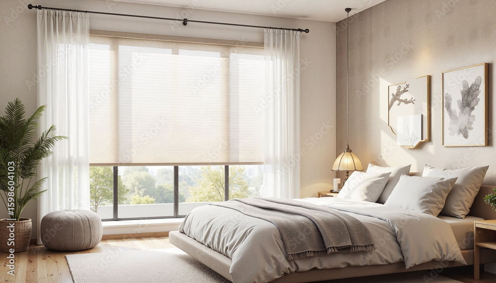 Fototapeta premium Modern bedroom interior with large window and cozy atmosphere 
