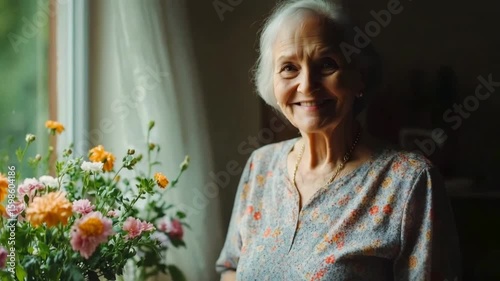 Senior Caucasian woman with gray hair smiles beside a vase of colorful flowers. Natural light illuminates the cozy indoor setting.