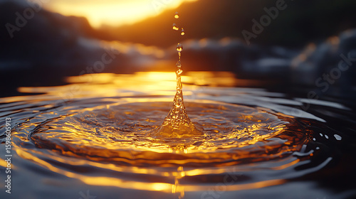 Golden Hour Water Drop Impact Serenity and Tranquility at Sunset