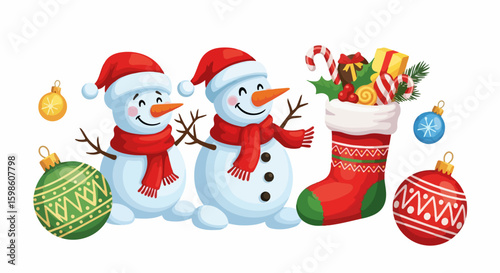 Winter holidays illustration with cheerful snowmen and Christmas stocking filled with gifts, holiday cheer in style. Cute snowmen, Christmas stocking, and ornaments evoke holiday spirit.