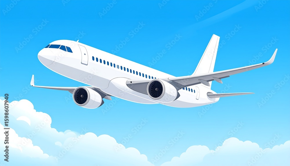 Obraz premium White airplane soaring in a light blue sky filled with fluffy clouds